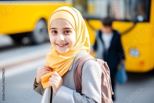 A little Muslim girl, an elementary school student in front of a yellow school bus.