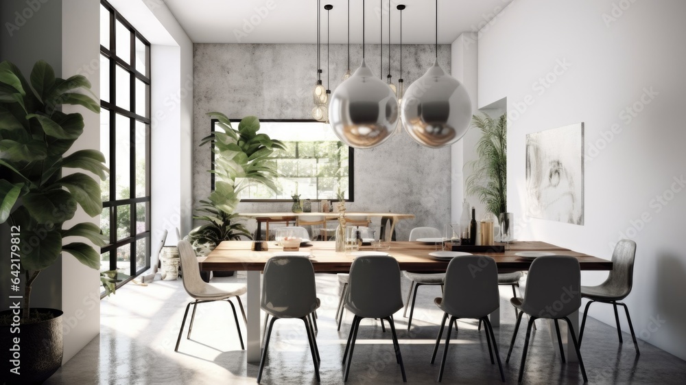 Interior design inspiration of Modern Minimal style home dining room loveliness decorated with Marble and Wood material and Chandelier .Generative AI home interior design .