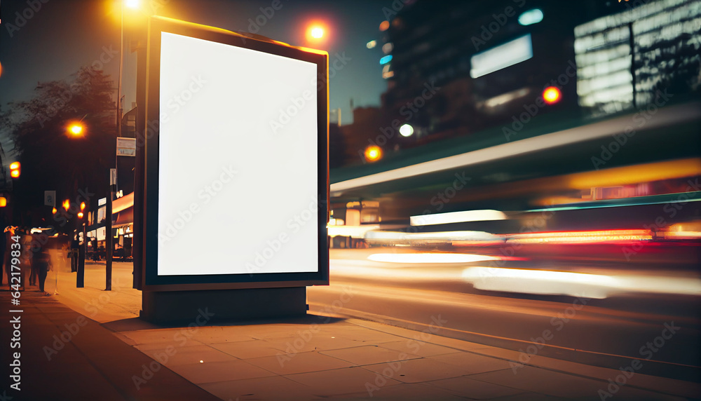 Media banner, blank digital billboard for your advertising. Blurred street and people. Abstract illustration.