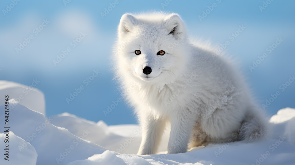Obraz premium A close-up of an Arctic fox reveals its fluffy white coat against the snowy terrain, blending perfectly with its surroundings.