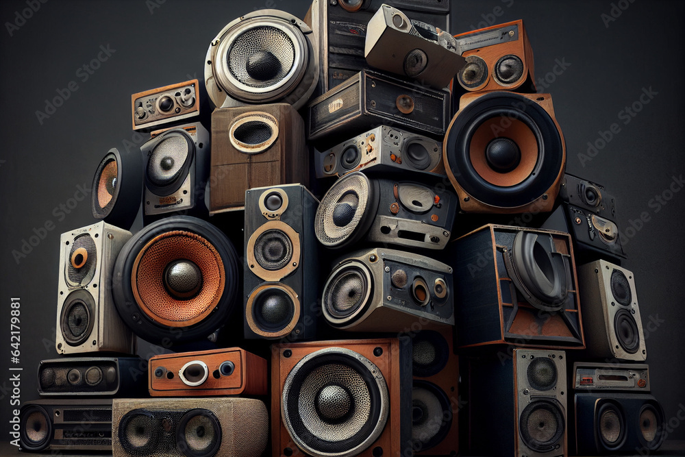 Obraz premium Pile of vintage audio speaker systems. Music retro background, abstract illustration.