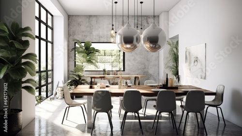 Interior design inspiration of Modern Minimal style home dining room loveliness decorated with Marble and Wood material and Chandelier .Generative AI home interior design . © Summit Art Creations
