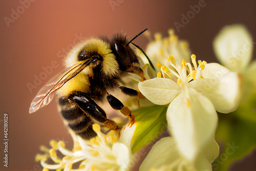 Bee on bird cherry flower, macro view. The bee collects nectar.