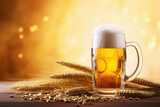 Close up of beer in a mug with foam and wheat ingredients on wooden table with blurred sparkling light background and copy space.