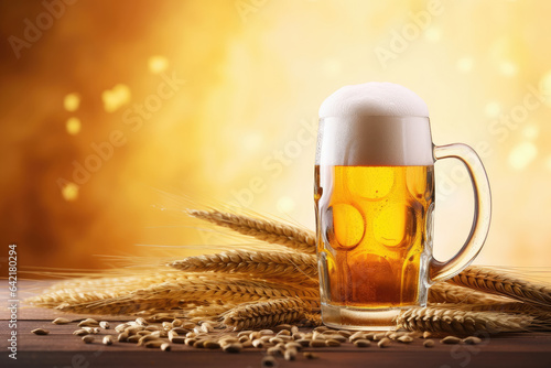 Close up of beer in a mug with foam and wheat ingredients on wooden table with blurred sparkling light background and copy space.