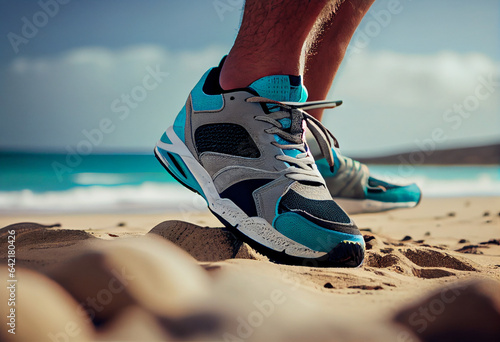 Male legs wearing sports shoes. Sports activities on the beach. Abstract illustration.