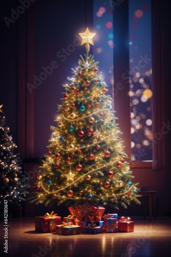 Photo of a beautifully decorated Christmas tree. ai generative