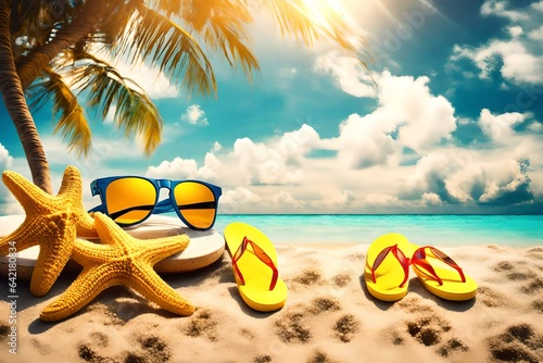 beach with starfish, sunglasses and slippers with palm tree and cloudy sky
