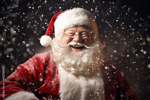 Christmas, New Year holidays concept. Happy traditional close-up Santa Claus portrait. Santa with gray beard and wearing red traditional costume with hat smiling to camera. Generative AI © Rytis