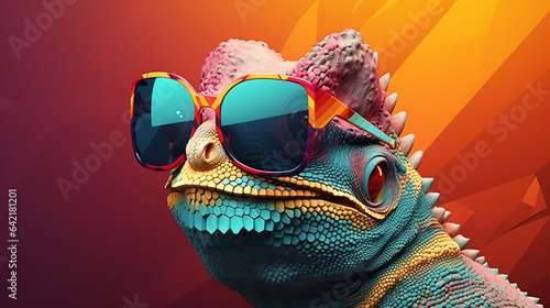 3D rendering of a chameleon wearing sunglasses against a solid background.