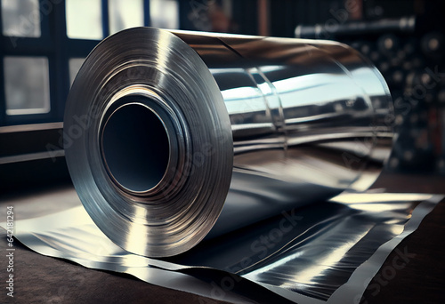 Metallurgical production. Large rolls of shiny aluminum foil or steel. AI generative.