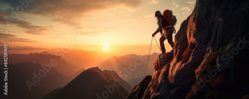 Climber on a rock in sunset light, panorama photo