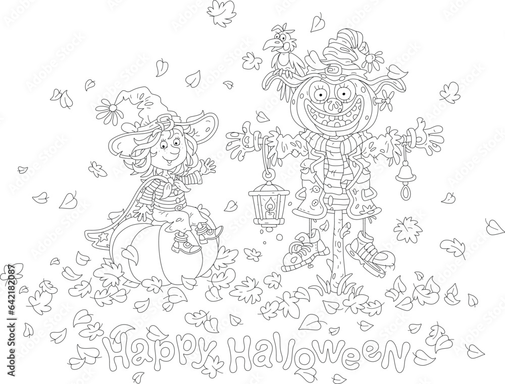 Fototapeta premium Halloween card with a happy little witch sitting on a pumpkin and a funny scarecrow among autumn leaves swirling around, black and white outline vector cartoon illustration