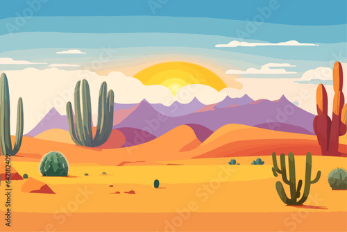 Cartoon desert landscape with cactus, hills, sun and mountains silhouettes, vector nature horizontal background.