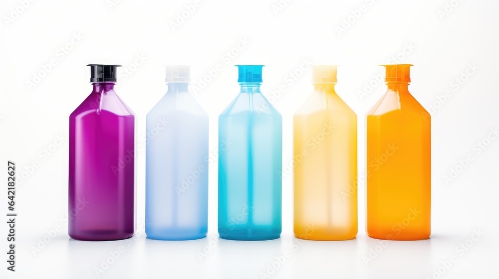 five different colored bottles with some cleaning soap five different colored bottles with some cleaning soap