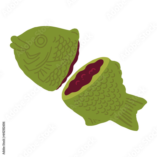 半分に割った こしあんの抹茶たい焼き手描きカラーイラスト