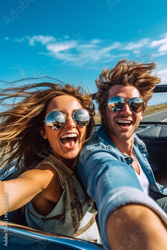 Happy young couple driving in convertible car on road trip. Man and woman laughing and having fun together. Beautiful young woman  with flying hair in the air.  © vachom