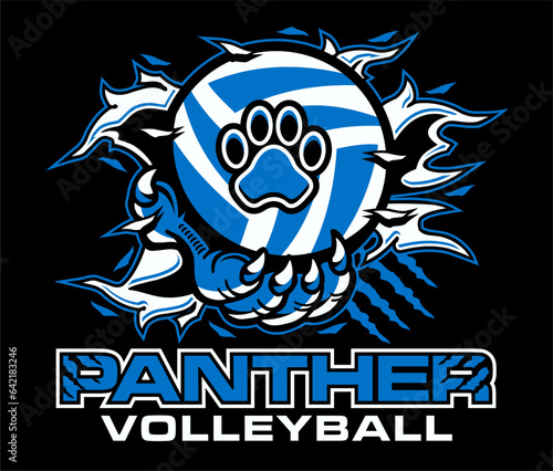panther volleyball design with claw holding ball and ripping through background for school, college or league sports