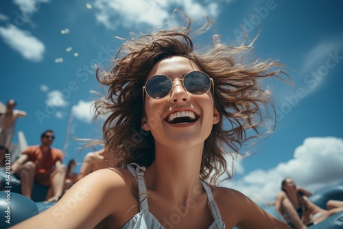Beautiful young woman driving convertible car with flying hair in the air © vachom
