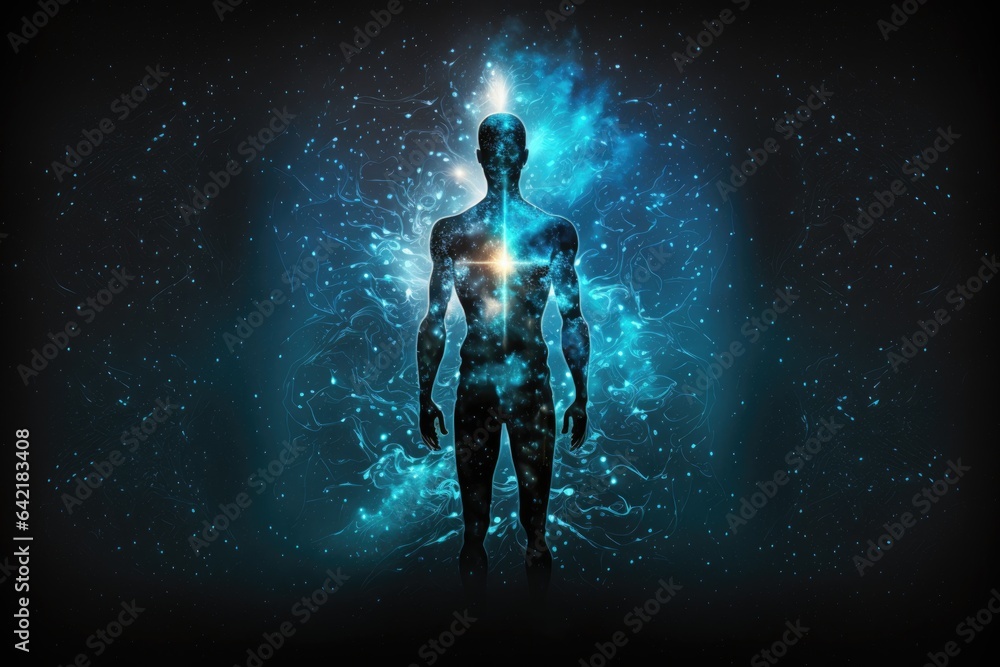 Fototapeta premium Human body with glowing particles and space background