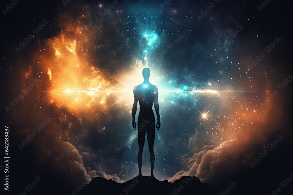 Conceptual image of human body against space background with bright light
