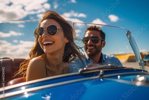 Happy young couple driving in convertible car on road trip. Man and woman laughing and having fun together. Beautiful young woman  with flying hair in the air.
 photo