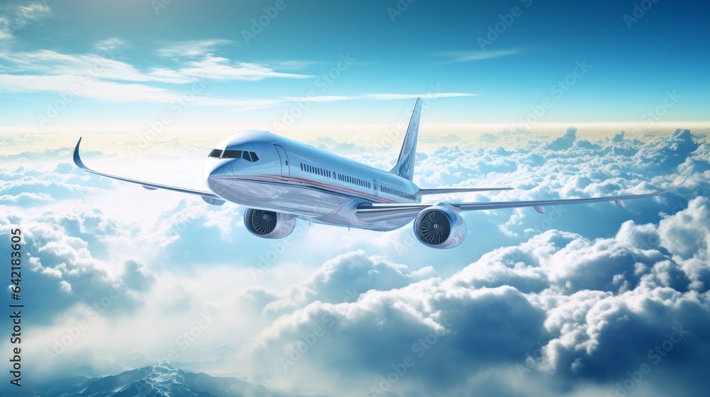 Obraz premium Airplane flying in the blue sky. White modern aircraft passing through the clouds. Airliner flying in the beautiful blue sky. Picture of an Airborne passenger plane. Travel Concept.