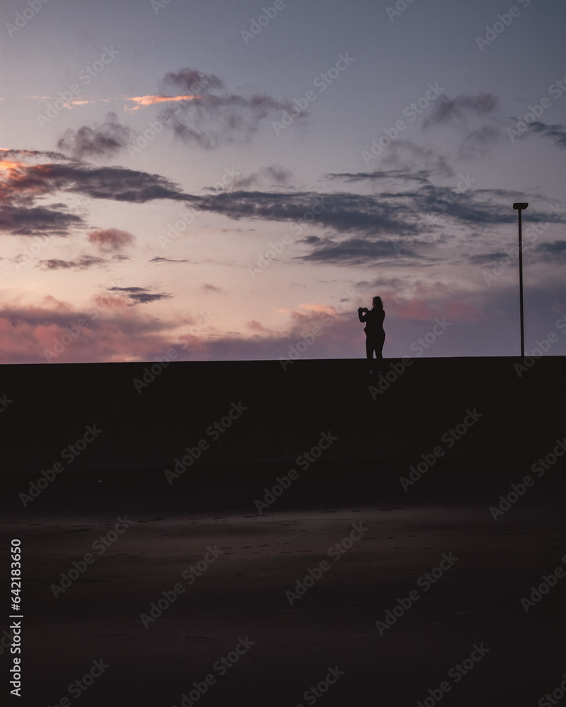 Silhouettes of people walking on a path at sunset