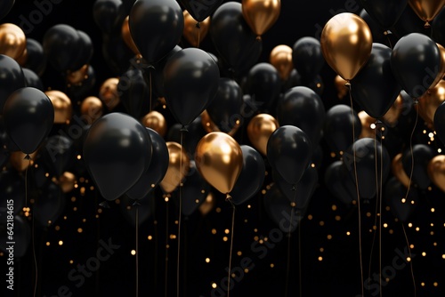 Black and gold balloons floating over dark backwound. Black Friday conceptual banner