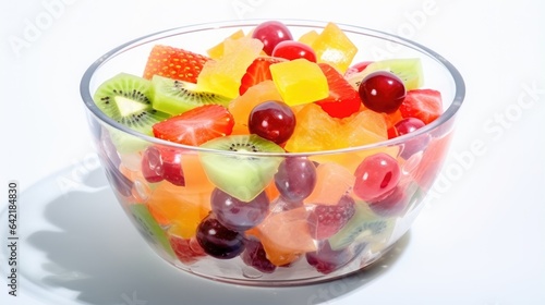 Bowl of healthy fresh fruit salad in a glass transparent bowl