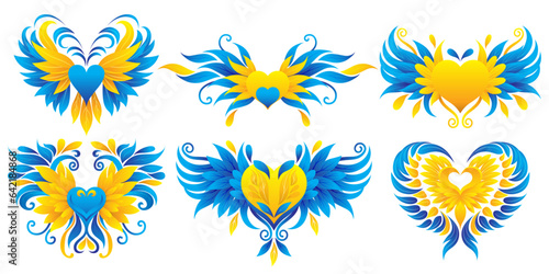 Icon set with heart and wings in blue and yellow color of the flag of Ukraine on a white background. Vector clipart.