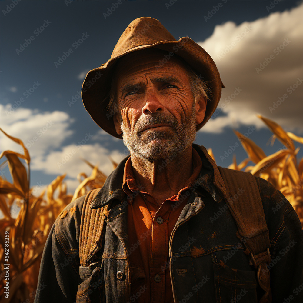 Thoughtful Senior Male Farmer with hat, serious look, model, beard and mustache, distinguished features