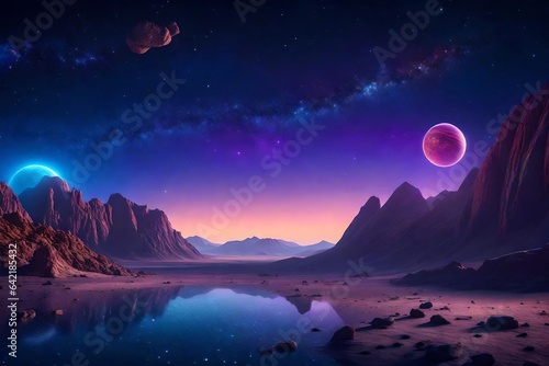 Cosmic background, alien planet deserted landscape with mountains, rocks, deep cleft and stars shine in space. Extraterrestrial computer game backdrop, parallax effect cartoon  photo