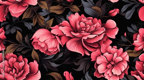 illustration of a seamless floral pattern where vibrant flowers contrast beautifully against a rich black background.