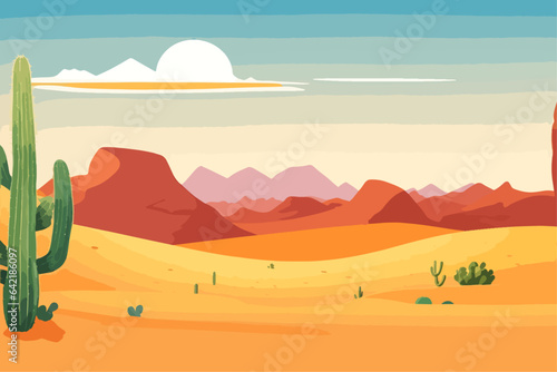 Cartoon desert landscape with cactus  hills  sun and mountains silhouettes  vector nature horizontal background.