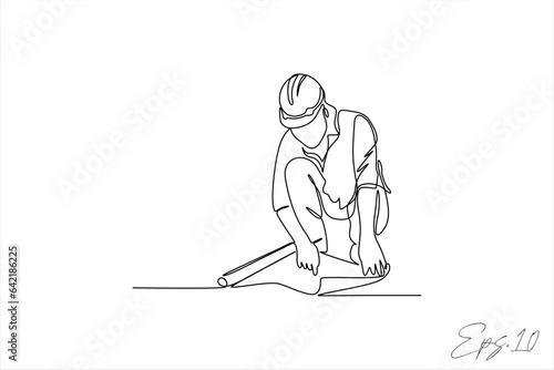 vector illustration Continuous line of building contractors is looking at the plans