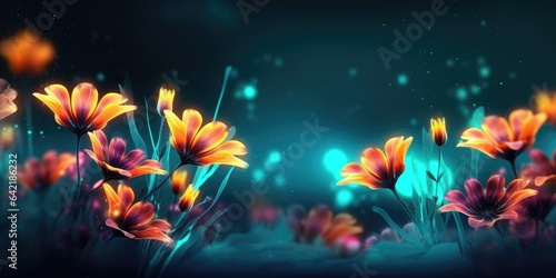 Beautiful abstract coral, turquoise, and yellow night photo floral design background banner. beautiful Generative AI AIG32