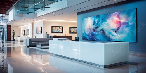 sleek and modern corporate office lobby with minimalist decor, a large reception desk, and contemporary art installations.