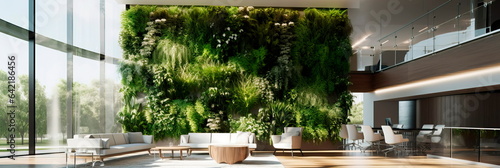 Modern office lobby with sleek furniture, a living green wall, and natural light.