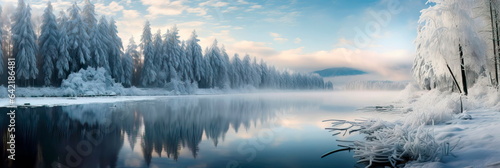 lakeside view during winter, where snow blankets the surroundings, trees stand still, and the icy water surface mirrors