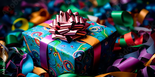 gift box with torn wrapping paper, surrounded by unopened wrapping paper rolls.