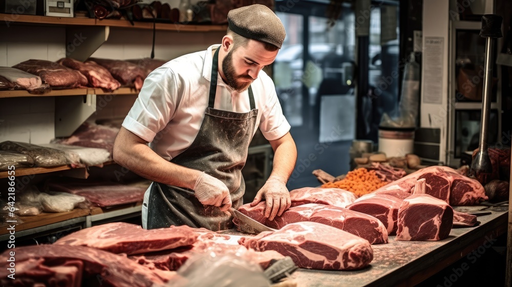 A butcher cutting meat
