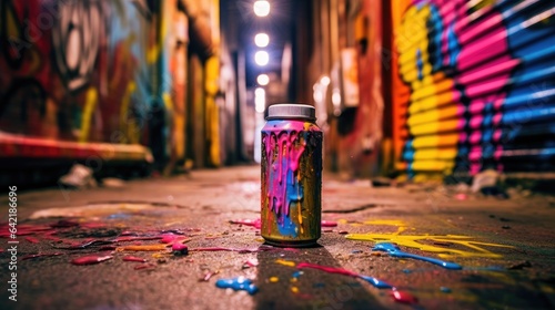 A spray paint can in an alley covered with paints