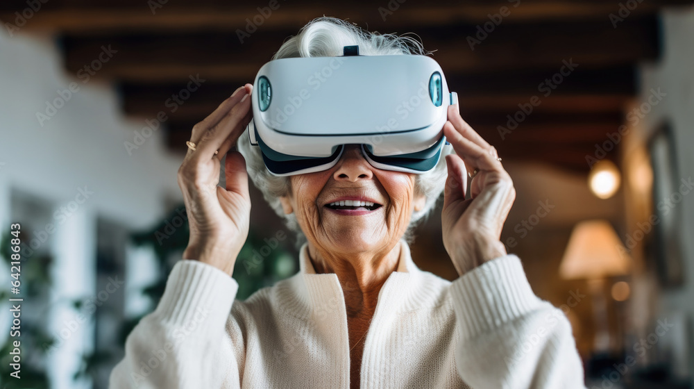 Elderly woman wearing VR glasses Elderly woman wearing VR glasses