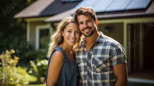 Happy couple posing in front of their house with solar panels on the roof