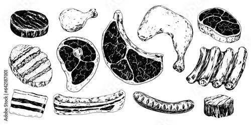 Set of raw meat. Sketch style steak. Hand drawn T-Bone beef steak, chicken leg, lamb ribs, pork ham, salo, sausage. Beef medallion. Vintage engraving. Butcher shop product. Collection with meat food