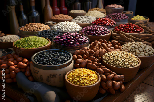 Variety of legumes in wooden bowls on a wooden background