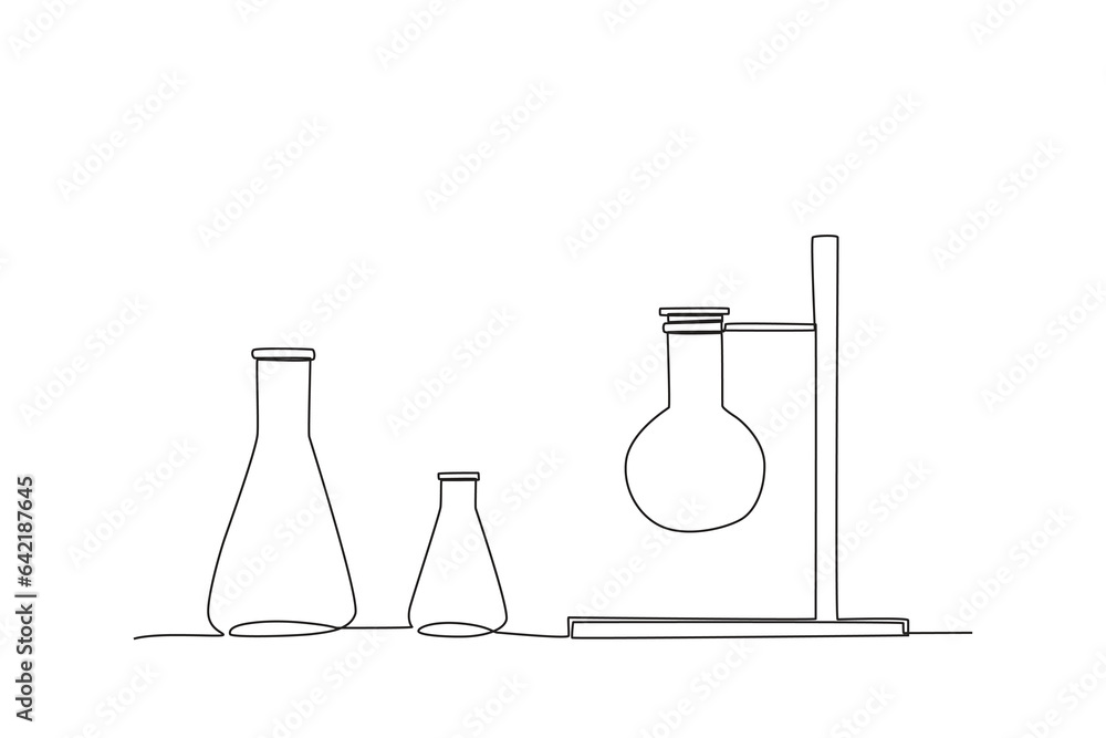 Two Erlenmeyers and a volumetric flask on the clamp. Lab equipment one-line drawing Two Erlenmeyers and a volumetric flask on the clamp. Lab equipment one-line drawing