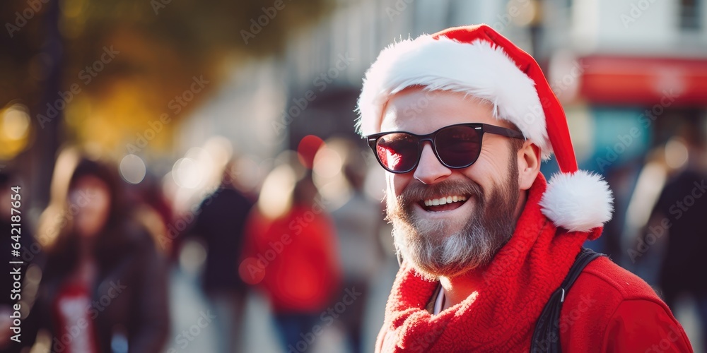 Adult man in glasses with a gray beard in winter clothes. Young Man in red hat santa claus. Background of the street festive lights of Christmas and New Year. happy christmas Adult man in glasses with a gray beard in winter clothes. Young Man in red hat santa claus. Background of the street festive lights of Christmas and New Year. happy christmas