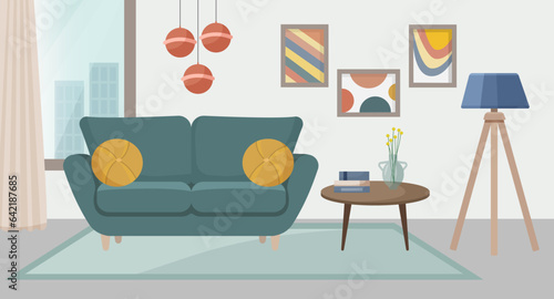 Living room interior with sofa, floor lamp, paintings, city view window, coffee table. Living room. Home furniture. Vector illustration in flat style.